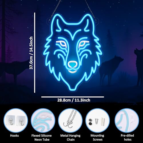 Image of CoolGift Mart Wolf Neon Sign, Dimmable LED Wolf Light Animal Wall Decor, Christmas Gift Birthday Gifts for Boys Men, Bedroom Living Room Man Cave Home Decoration With USB Powered