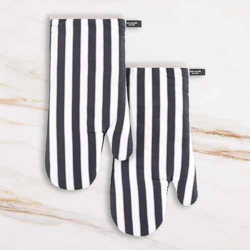 Image of kate spade new york Botanical Stripe Oven Mitt 2-Pack Set, 7 inch x 13 inch, Black /Beige