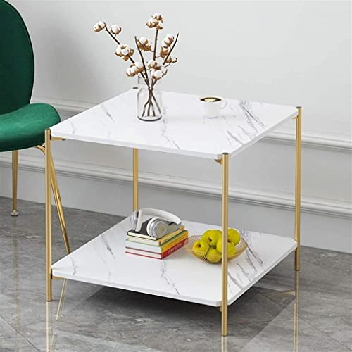 Table basse double couche avec plateau texture marbre et rangement - 7