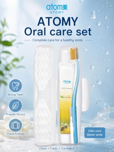 Image of Atomy Toothbrush Travel Set with Propolis Toothpaste 50 g, Portable Oral Care Kit with Toothbrush and Protective Storage Case for Office, School, Trips & Daily Use