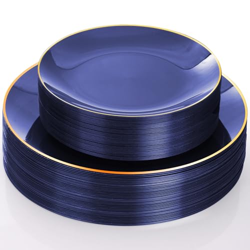 Boocikey 40 Pcs Blue Plastic Plates 20 Guests Navy Blue Plates Disposable with Gold Rim Blue Plates for July Party Birthday Wedding