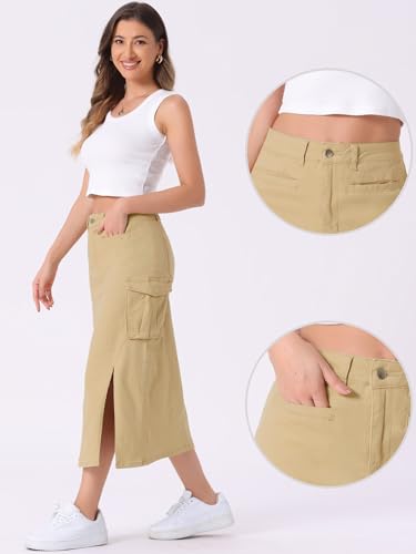 Allegra K Cargo Skirt with Slit for Women's Casual High Waist Cotton Midi Skirt with Pockets2