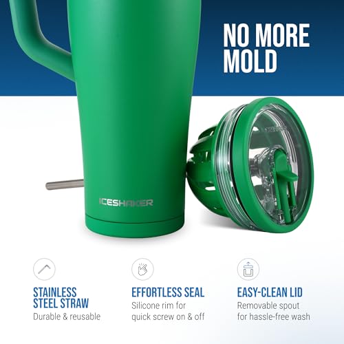 Image of Ice Shaker 40 oz Tumbler with Handle and Straw | 40oz Green | Cold for 30+ Hours | 2-in-1 Tumbler Shaker Bottle | Odor-Free 40 ounce Bottle for Water, Protein Shakes, Smoothies, Cocktails