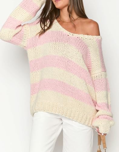 Image of Women Striped Chunky Knit Sweater Drop Shoulder Long Sleeve V-Neck Oversized Sweater Pullover Loose Knit Jumper Top