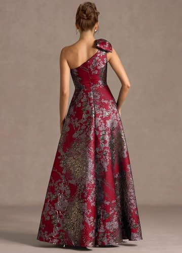 Image of Women's One-Shoulder Wedding Guest Dress A-Line Princess Ball Gown Jacquard Evening Gown Floral Brocade Prom Dress