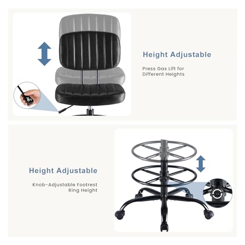 Image of DUMOS Armless Drafting Chair, Low Back Office Seat with Adjustable Footrest Ring for Standing Desk, Ergonomic PU Leather Office Seating, Swivel Rolling High Stool for Studio, Lab, Counter, Black