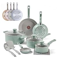 T-Fal Refresh Ceramic Nonstick Cookware Set, Oven Safe Up to 350ºF, 12-Piece, Includes Stockpot, Griddle, Frying Pans, Utensils, Ceramic Pots and Pans Set, Mint Green