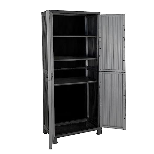 THINIA HOME - Armario de Resina Alto Almacenaje, Uso Exterior e Interior, Jardín y Terraza, 3 Baldas, 2 Puertas, Dimensiones 39x68x171cm (Largo x Ancho x Alto), Color Gris o Negro - imagen 5
