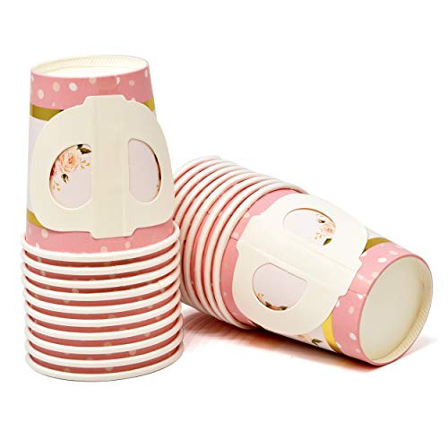 36 Disposable Tea Party Cups 5 Oz 3" 36 Saucers 5" Paper Floral Shaped Plate Teacup Set With Handle For Kids Girls Mom Coffee Mugs Wedding Birthday Baby Bridal Shower Gold Foil & Pink Table Supplies #TOP4