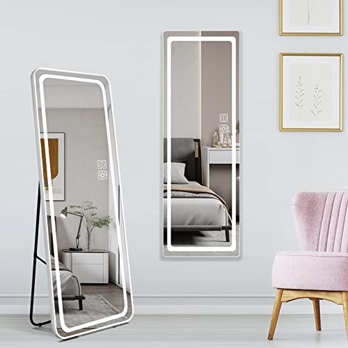 Full Length Floor Mirror with Lights, betamore 65"x22" Free Standing Tall Mirror, Wall Mounted Hanging Mirror, Vanity Makeup Mirror, Full Body Mirror, Dressing Mirror with Dimming & 3 Color Modes