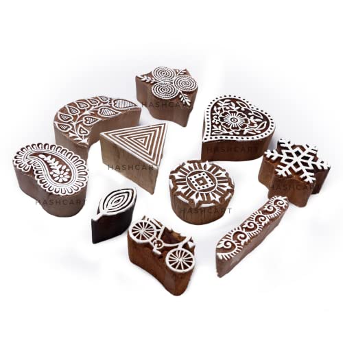 Image of Hashcart | Set of 10 | Handcarved Multi Shape Floral Design Printing Stamps for Project Making | Wood Blocks for Scrapbooking | Henna Mehndi | Kids & Art Project | Fabric Textile | Pottery Craft