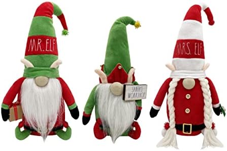 Rae Dunn Christmas Gnome Trio - 19 Inch Stuffed Plush Elf Family Figurine Doll with Felt Hat - Cute Ornaments and Holiday Decorations for Home Decor and Office