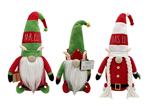 Rae Dunn Christmas Gnome Trio - 19 Inch Stuffed Plush Elf Family Figurine Doll With Felt Hat - Cute Ornaments And Holiday Decorations For Home Decor And Office #TOP19