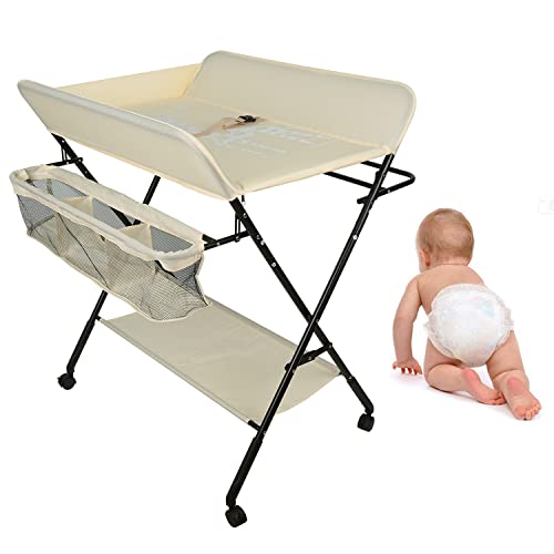 Willonin Baby Wickelkombi,klappbare Wickelkommode, mobiler Wickeltisch mit Wickelauflage, Giraffen-Muster, Geräuschlos schwenkbare Räder (Beige)