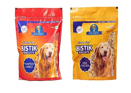 Image of Dr.Pets Bistik Dog Food Adult - Dog Biscuits for Adult Dog & Puppy, Gluten Free Healthy Treats with Fresh & Natural Ingredients, Milk Chicken & Pumpkin Carrot Flavor 900g Each (Combo Pack)