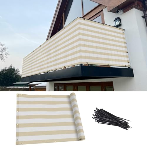 TANG 3' x 216' Balcony Privacy Screen Fence for Apartment Deck Railing, 200GSM Heavy Duty Block Outdoor Privacy Fencing Cover for Patio Porch Backyard Screens, Beige with White Stripes