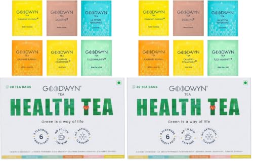 Image of Goodwyn Health Tea Box - 30 Tea Bags (6 Flavours x 5) | Turmeric, Tulsi, Kahwa, Chamomile, Peppermint & Digestive | Low to No Caffeine | Assorted Herbal Green Tea | Plastic-Free Bags (Pack of 2)