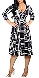 Women's Plus Size Faux Wrap Cocktail Party Dresses 3/4 Sleeve Deep V Neck Swing Wrap Floral Midi Dress with Belt Black L