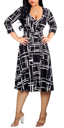 Image of Womens Plus Size Summer Dresses Sexy V Neck Midi Dress Faux Wrap Dress 3 /4 Sleeve Boho Casual Floral A-Line Skirts