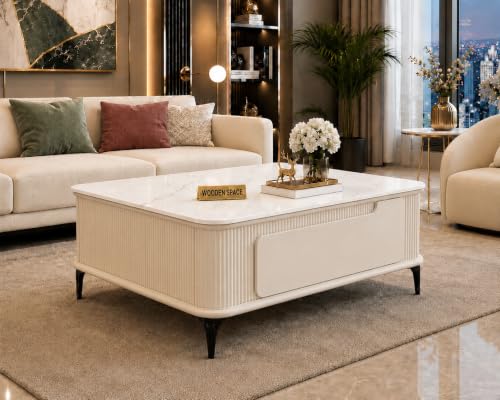 Image of WOODEN SPACE Premium Solo Marble-Top Wooden Center Table for Living Room | Iron Legs | PVD Coating | Modern Entryway Furniture | Coffee Table (Cream, 42x42x18 Inch)