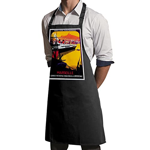 Tablier de cuisine premium noir au design affiche vintage Marseille rétro