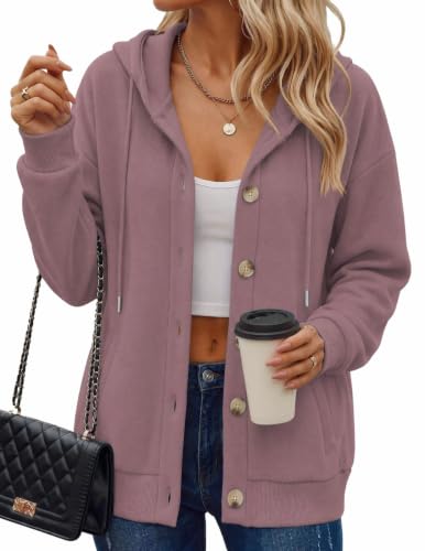 Zeagoo Fall Winter Oversized Hoodie Crewneck Button Closure With Pockets for Travel Date Night Women 2026 Plus Size Ash Pink