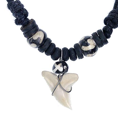 OhDeal4U Hawaiian Polynesian Maori Surfer Beach Tribal Jewelry Shark Tooth w Black Design Wooden Beads Boy's Girl's Unisex Kid's Pendant Necklace Choker on Black Adjustable Cord