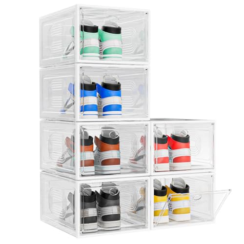 Image of caktraie 6 Pack Thicken Shoe Organizer Stackable,Upgraded Sturdy Shoe Storage Box with Magnetic Door,Shoe Containers for Sneaker Display,White