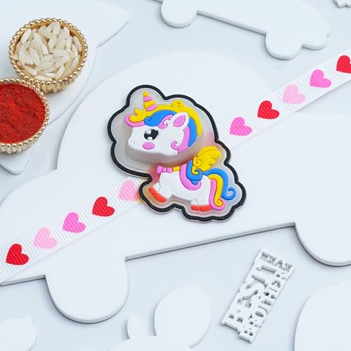 Image of eCraftIndia Unicorn Horse Design Rakhi for Kids Girls Boys with Best Bro Ever Fridge Magnet | Raksha Bandhan Kids Light Rakhi for Brother Bhaiya Bhai | Roli Chawal Pack