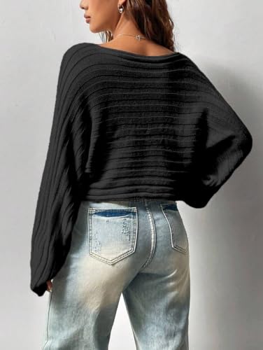Image of SKAYS Womens Off The Shoulder Cropped Sweater Fall Ribbed Knit Batwing Sleeve Boat Neck Pullover Sweaters for Women Lightweight Drop Shoulder Tops Black M
