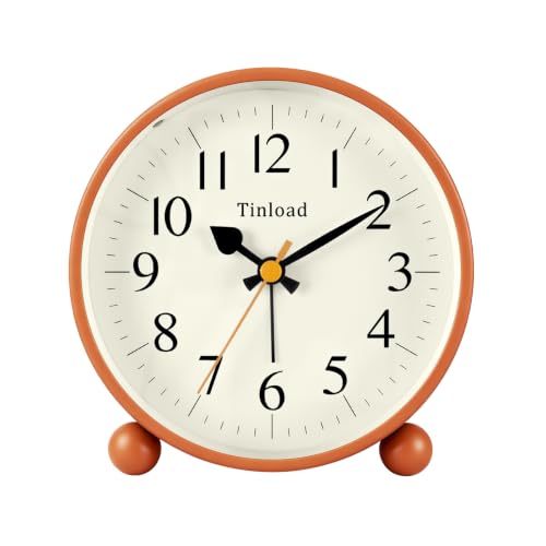 Image of Tinload 4.5 inch Vintage Retro Analog Alarm Clock, Super Silent Non Ticking Small Clock with Manual Light, Snooze, Battery Operated, for Living Room, Bedroom, Bedside, Desk(Orange)