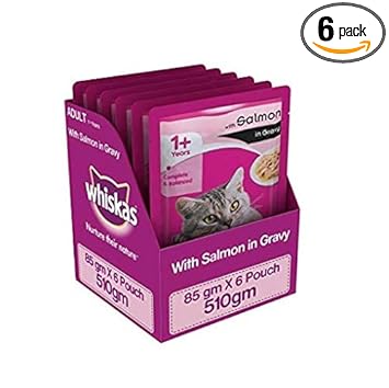 Whiskas Salmon in Gravy, Wet Gravy Food for Adult Cats, 85 g Pouch [Pack of 6]
