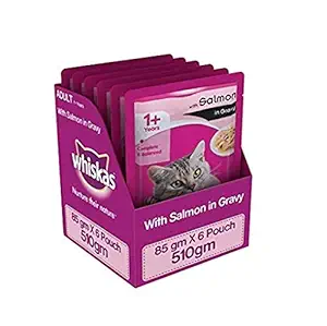 Whiskas Salmon in Gravy, Wet Gravy Food for Adult Cats, 85 g Pouch [Pack of 6]