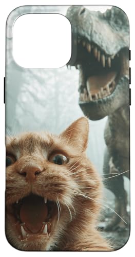 Selfie di gatti con dinosauro, foto di gatto spaventato divertente Custodia per iPhone 16 Pro Max