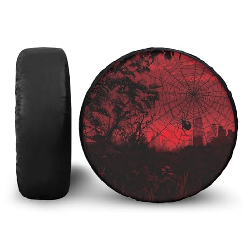 Image of Spare Tire Cover PU Leather for RV Trailer, SUV Wheel Cover for Spare Tire, Waterproof Tire Cover with Halloween City Silhouette for RV, Trailer, Truck, SUV, 18 inch for Tire Diameter 33 inch-34 inch