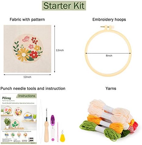 Pllieay Punch Needle Embroidery Starter Kit - Instructions, Fabric With Floral Pattern, Yarns, Hoops, Threader Tools For Rug-Punch & Pinch Needle - White
