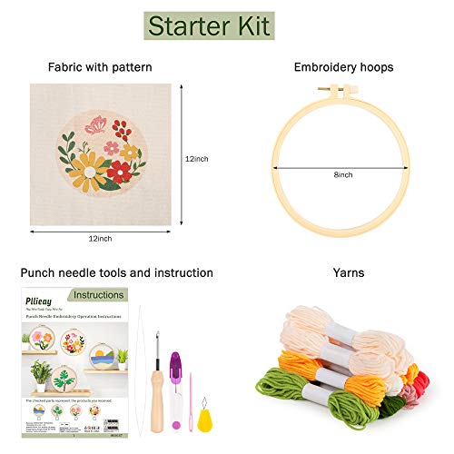 Pllieay Punch Needle Embroidery Starter Kit - Instructions, Fabric With Floral Pattern, Yarns, Hoops, Threader Tools For Rug-Punch & Pinch Needle - White