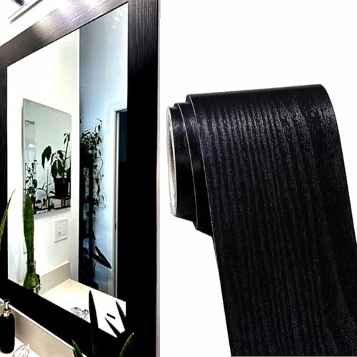 DESOMINOR 27FT Black Border Peel and Stick Black Wood Grain Wallpaper Border Removable Waterproof Bathroom Mirror Frame Sticker (Black 2Inch x 27Ft)