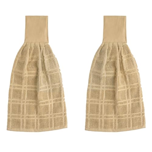 Blue Needles Hanging Kitchen Towels - Beige 100% Cotton Solid Kitchen Tie Towel, Set of 2 Hand Dish Cloth with Hanging Loops 9 x 17 Inches, Absorbent, Super Soft, and Fast Drying Home Essential by Blue Needles - Used condition - US$15.31
