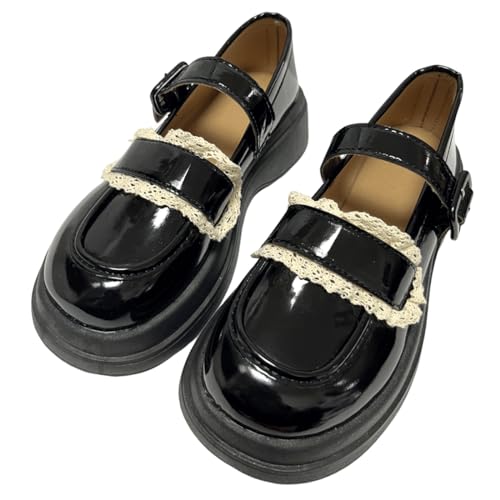 Women Y2K Harajuku Kawaii Goth Lolita Round Toe Chunky Heels White Lace Decor Platform Mary Jane Shoes