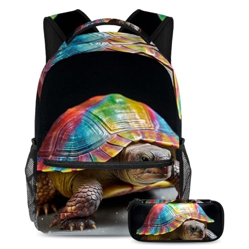 Sac d'école tortue arc-en-ciel grand sac à dos étudiant mixte avec trousse