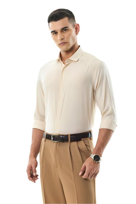 Image of SNITCH Men Casual Shirt | Regular Fit Full Sleeve Spread Collar Solid Design | Premium Polyester Viscose Blend & Lightweight Fabric for Office & Outings