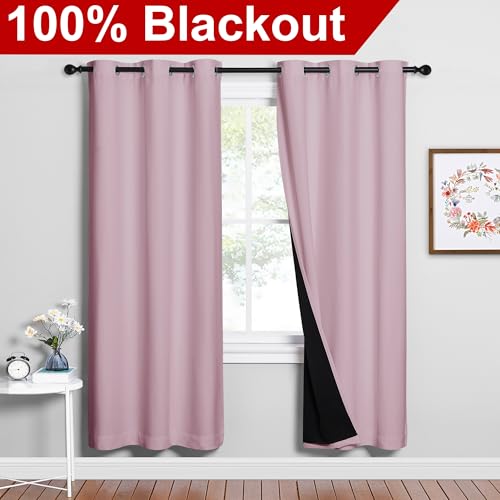 Image of NICETOWN 100% Blackout Window Curtain Panels, Baby Pink, 2 Pieces, 42-inch Wide Per Panel, Full Light Blocking Drapes with Black Liner for Nursery, 72-inch Drop Thermal Insulated Draperies