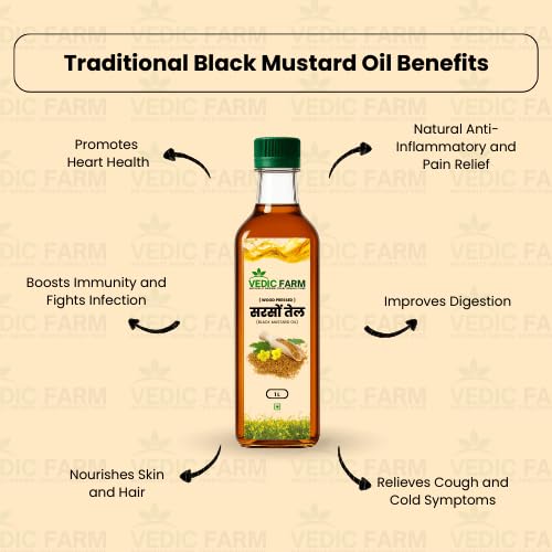 Vedic Farm Wood Pressed Mustard Oil | Kachi Ghani Cold Pressed Sarso Oil | 100% Pure & Natural | Traditional Kolhu Extraction | Strong Aroma | Chemical Free Cooking Oil | Ideal for Pickles & Indian Dishes (1, 500, gram) 1
