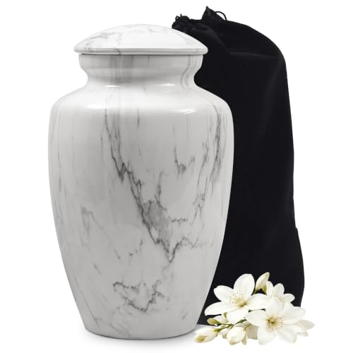 Image of White Marble Finish Urn for Ashes Adult Male Female | Large Cremation Urn for Human Ashes Men and Women,Memorial Urn for Dad /Father /Grandpa /Brother(Includes Velvet Bag)