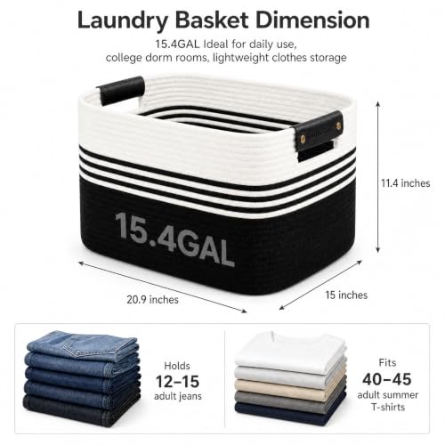 Image of Cotton Rope Laundry Basket Medium, 15.4GAL Collapsible Woven Storage Baskets for Living Room Kids Toys Stuffed Animal,Boho Rectangular Decorative Short Hamper for Dirty Clothes, Blankets White Black