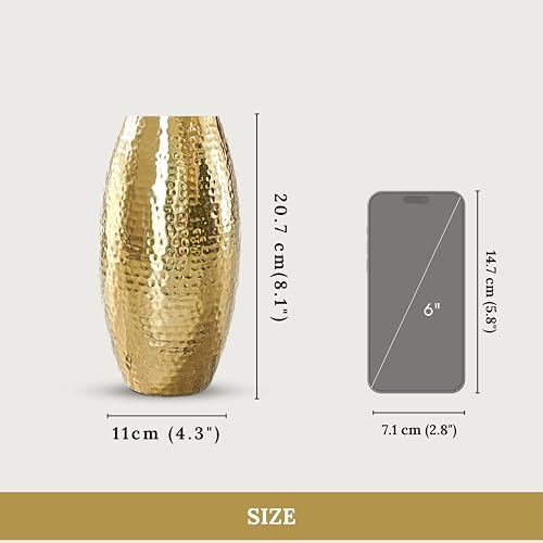 Image of BEHOMA Metal Hammered Golden Vase Set of - Set of 2 | Hammered Metal flower vase in Golden - for fresh or artificial flower displays for living room - great wedding gift