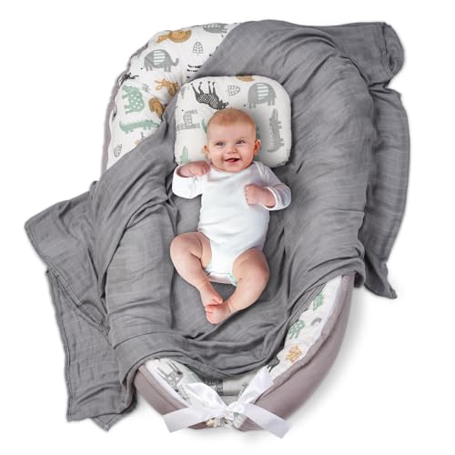 BowRain's Premium Baby Bundle Set: All-in-one Portable Baby Lounger w/Baby Lounger Pillow for 0-24 Months & Baby Swaddle Blanket | A Must in Baby Registry - (Animal, Grey)