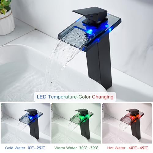 KEOKBON LED Schwarz Wasserfall Wasserhahn, RGB 3 Farbewechsel Waschtischarmatur Einhebelmischer mit Temperatursensor Waschbeckenarmatur Rostfreier Stahl 304 für Badezimmer, 2 Schlauches（G3/8 x 50cm ）