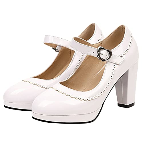 LUXMAX Women Patent Leather Mary Jane Platform Block High Heel Wingtip Vintage Pumps Chunky Heeled Rockabilly Shoes